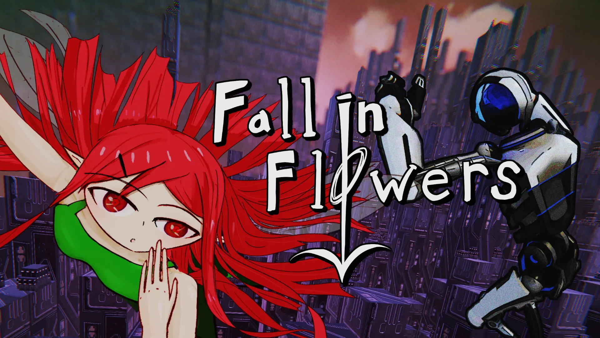 Fall in Flowers - 花に堕ちる
            メインビジュアル。ディストピア世界でパルクールアクションを繰り広げるロボットの姿